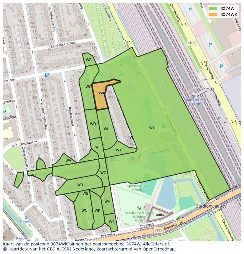 Afbeelding van het postcodegebied 3074 WK op de kaart.