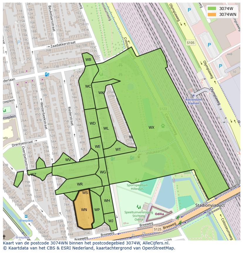 Afbeelding van het postcodegebied 3074 WN op de kaart.