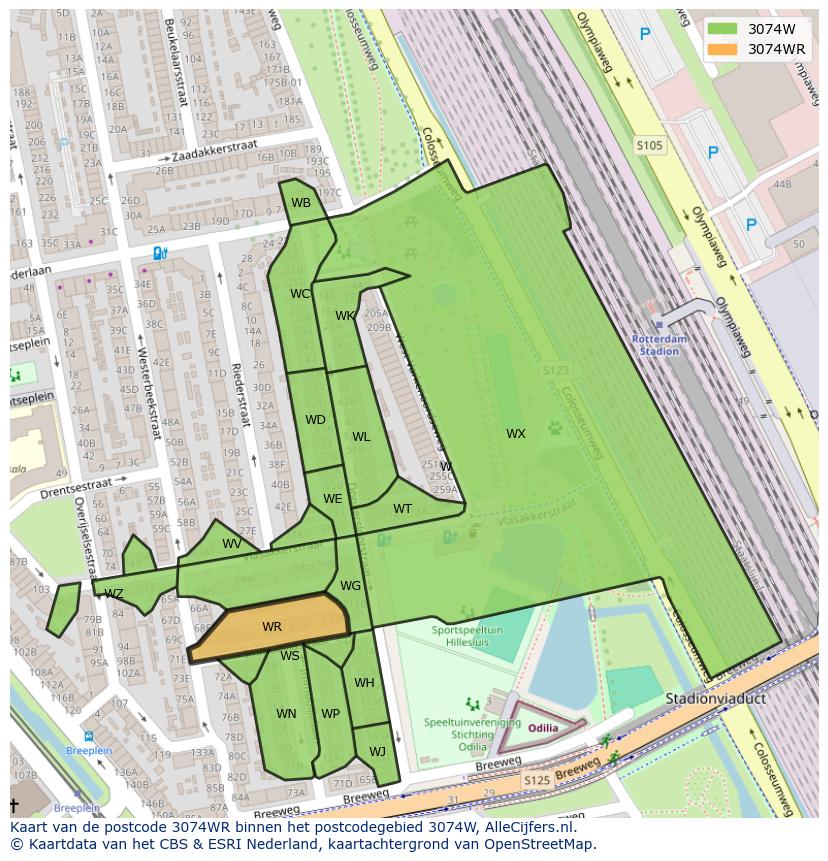Afbeelding van het postcodegebied 3074 WR op de kaart.