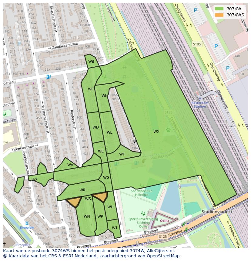 Afbeelding van het postcodegebied 3074 WS op de kaart.