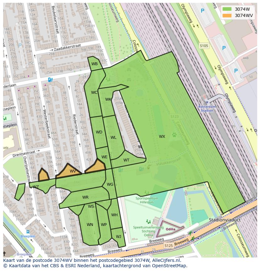 Afbeelding van het postcodegebied 3074 WV op de kaart.