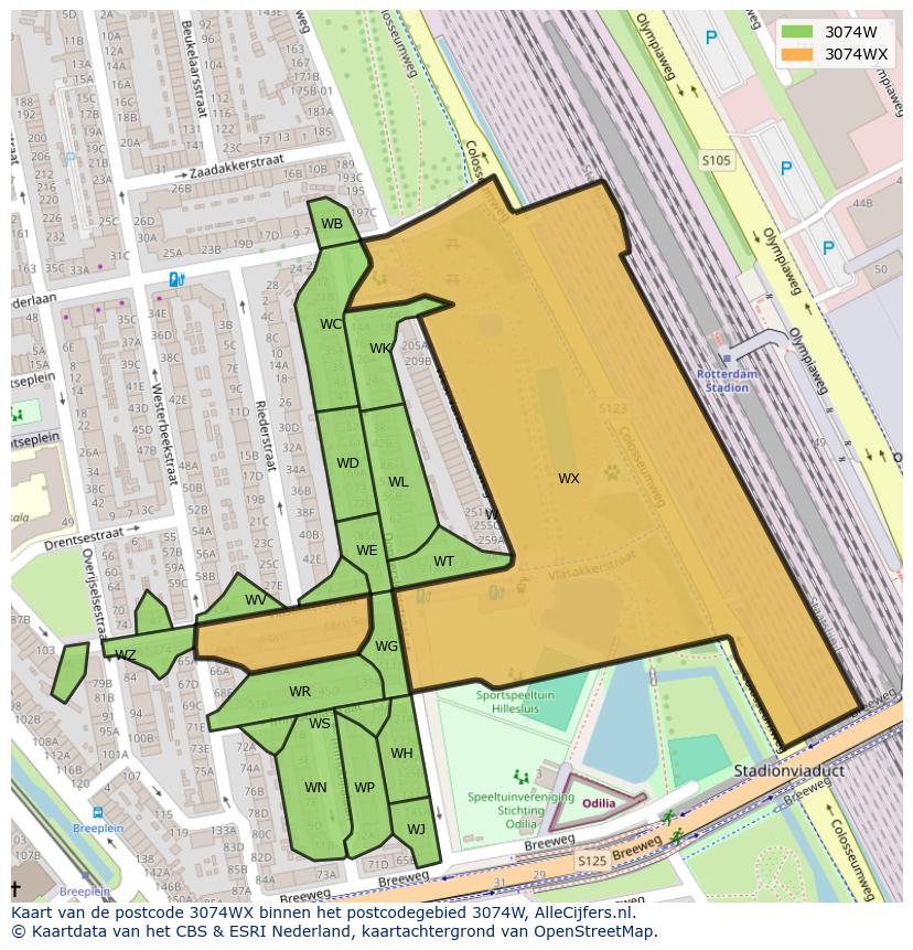 Afbeelding van het postcodegebied 3074 WX op de kaart.
