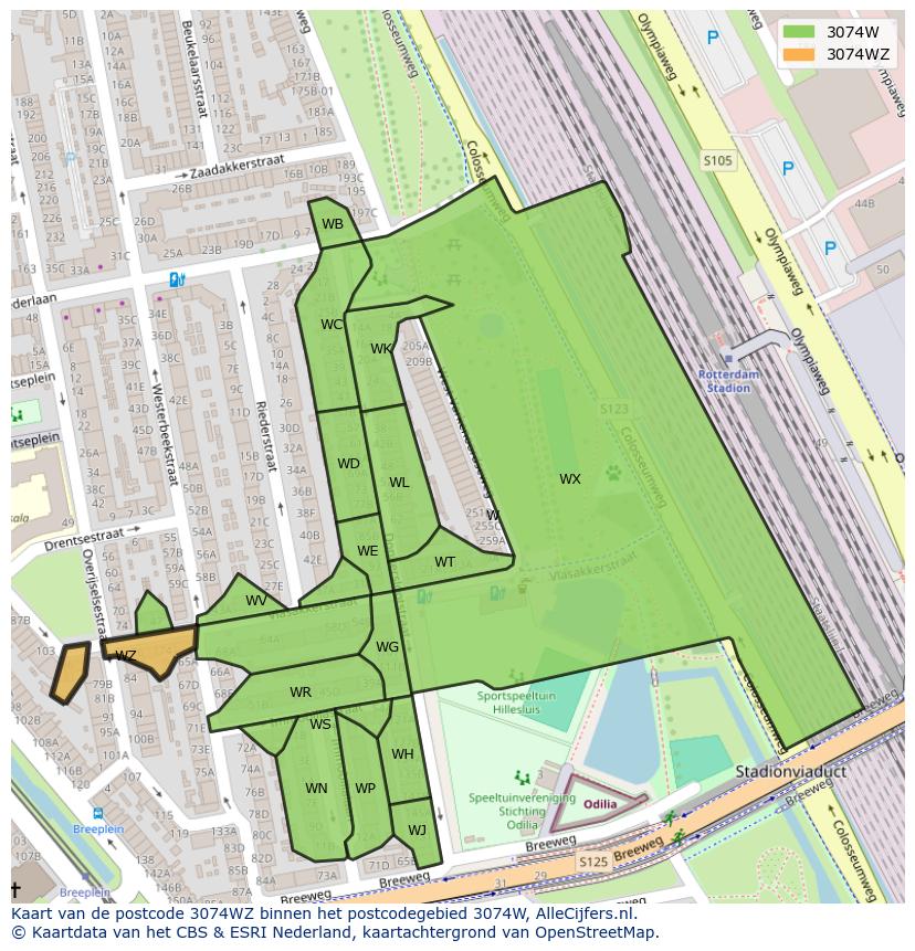 Afbeelding van het postcodegebied 3074 WZ op de kaart.