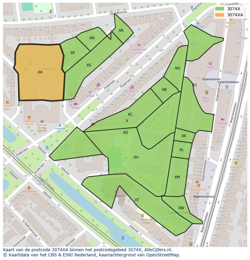 Afbeelding van het postcodegebied 3074 XA op de kaart.