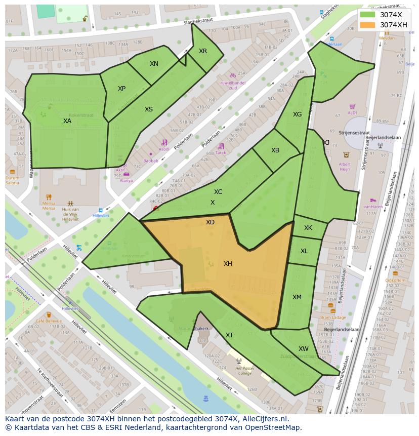 Afbeelding van het postcodegebied 3074 XH op de kaart.