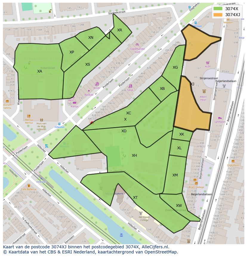Afbeelding van het postcodegebied 3074 XJ op de kaart.