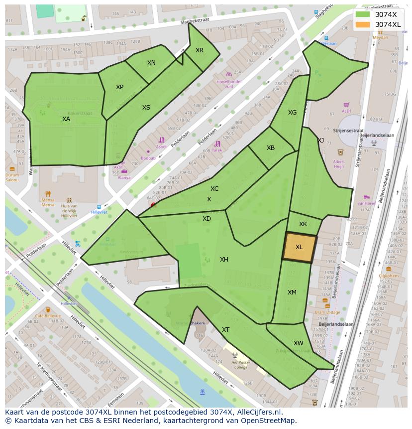 Afbeelding van het postcodegebied 3074 XL op de kaart.