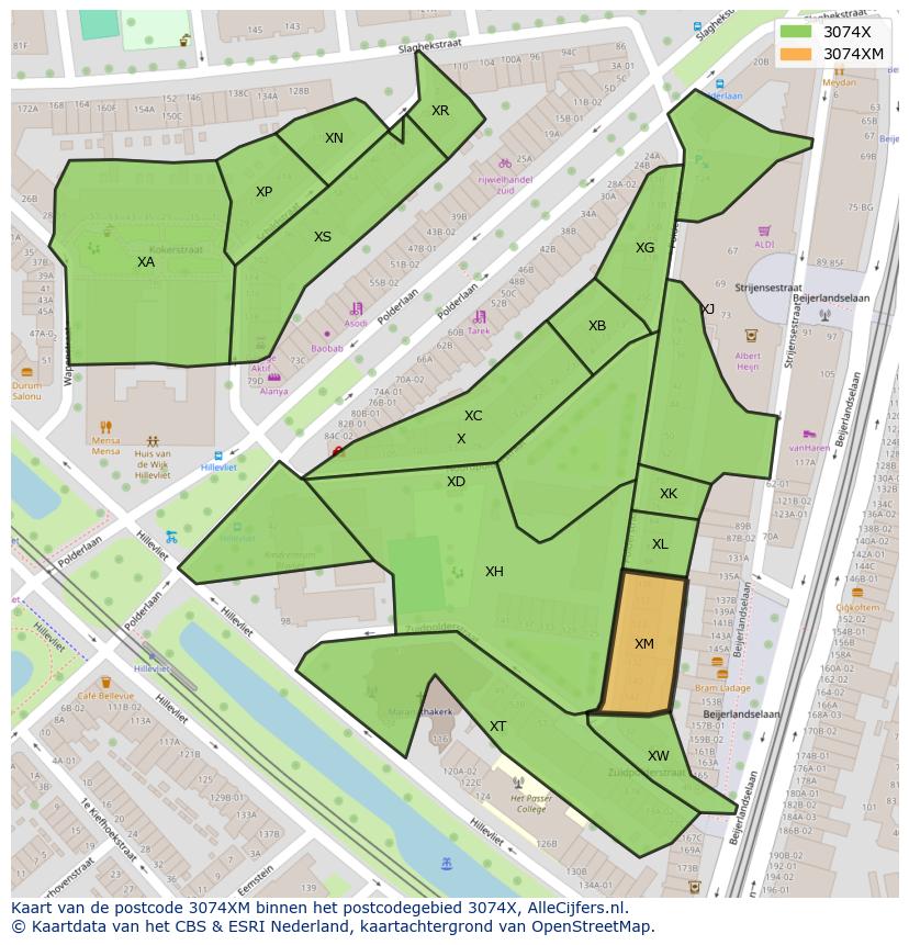 Afbeelding van het postcodegebied 3074 XM op de kaart.