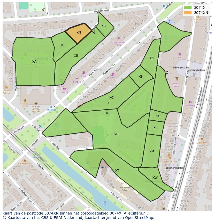 Afbeelding van het postcodegebied 3074 XN op de kaart.