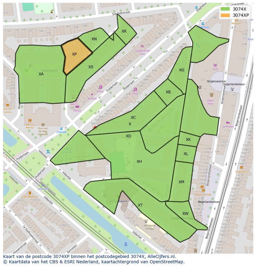 Afbeelding van het postcodegebied 3074 XP op de kaart.