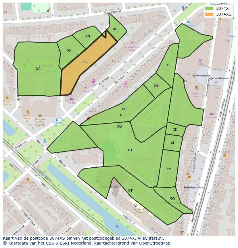 Afbeelding van het postcodegebied 3074 XS op de kaart.