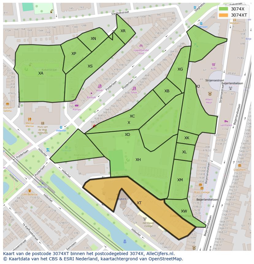 Afbeelding van het postcodegebied 3074 XT op de kaart.