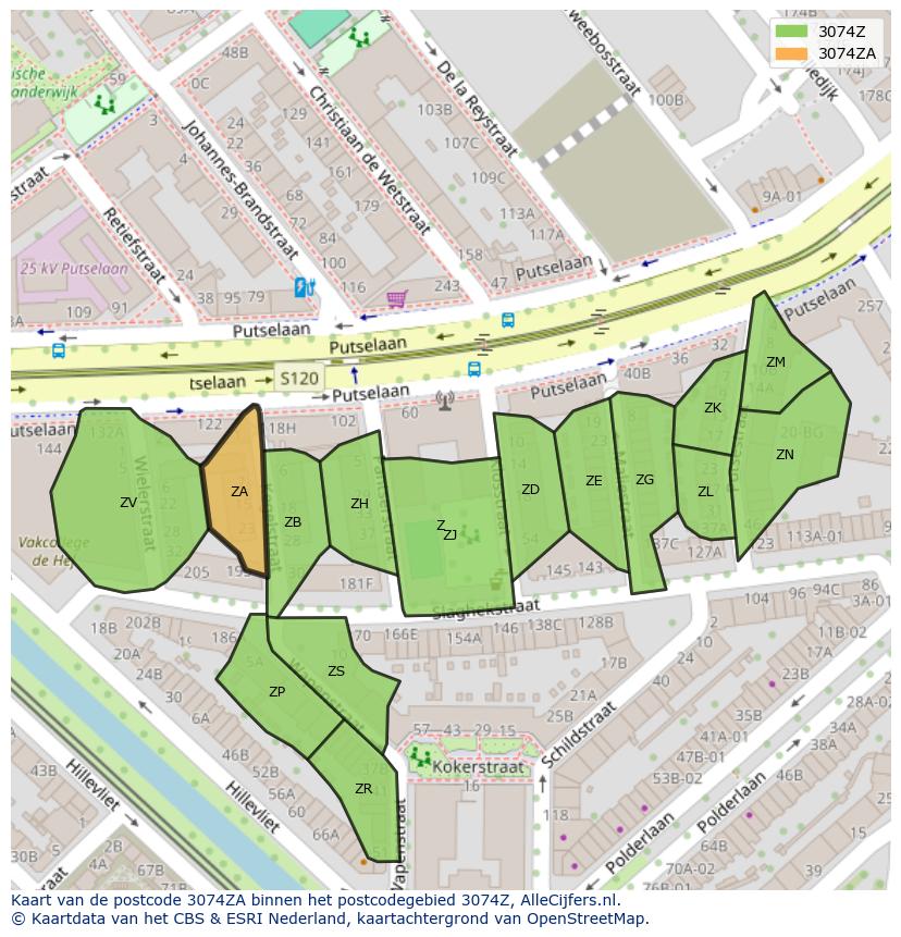 Afbeelding van het postcodegebied 3074 ZA op de kaart.