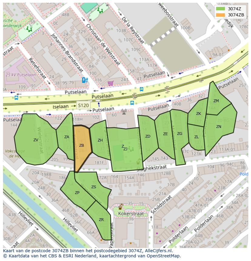 Afbeelding van het postcodegebied 3074 ZB op de kaart.