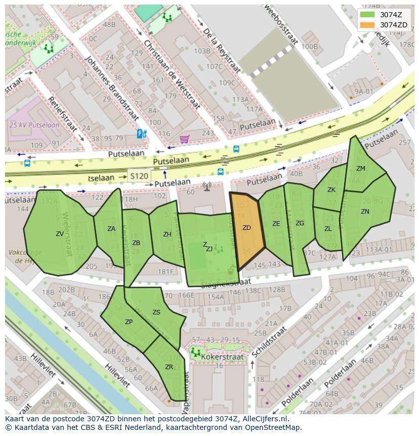 Afbeelding van het postcodegebied 3074 ZD op de kaart.