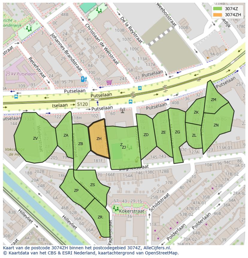 Afbeelding van het postcodegebied 3074 ZH op de kaart.