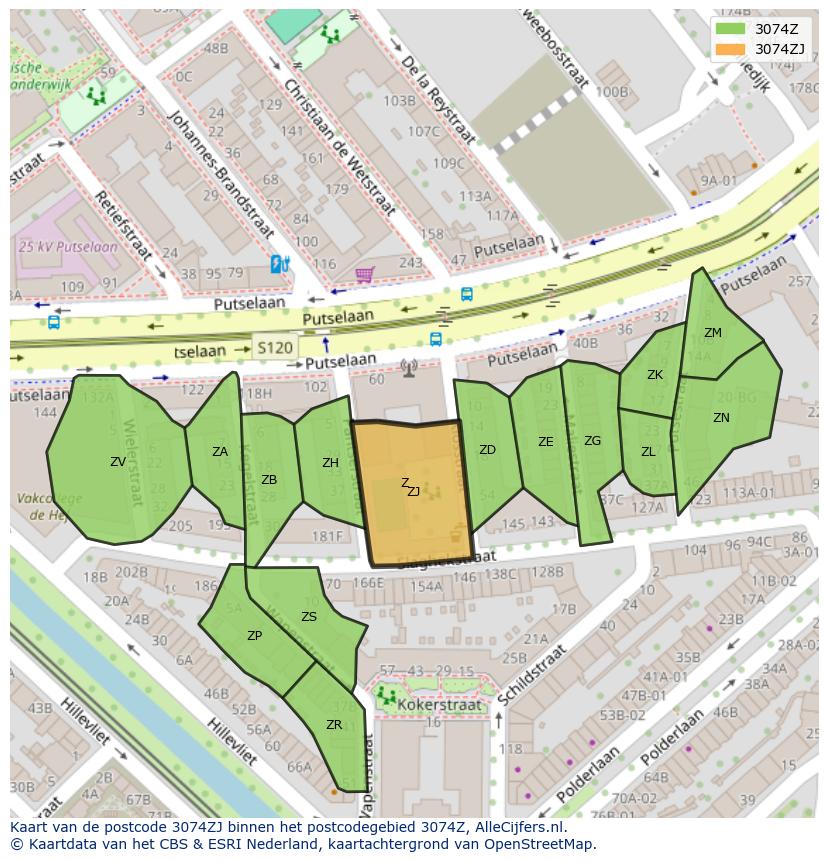Afbeelding van het postcodegebied 3074 ZJ op de kaart.