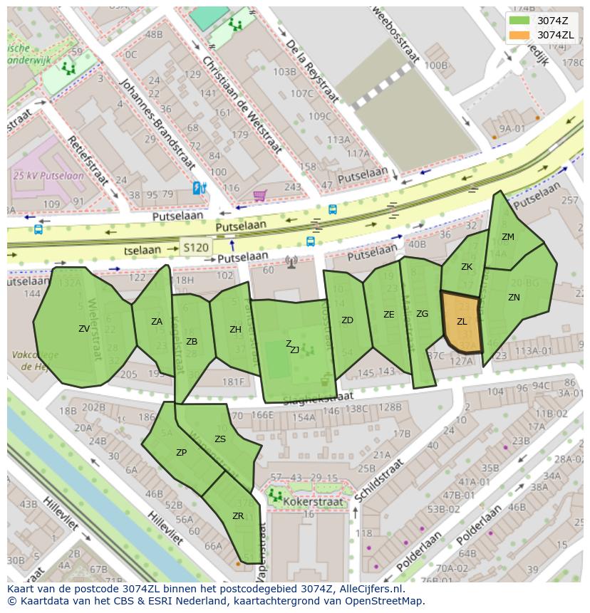 Afbeelding van het postcodegebied 3074 ZL op de kaart.