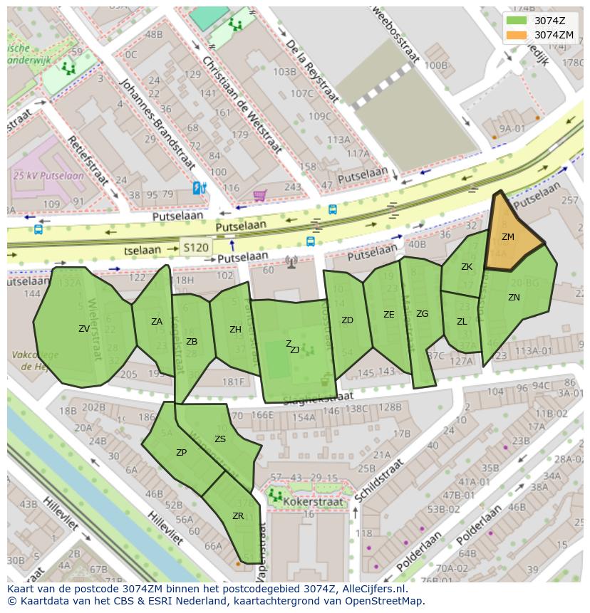 Afbeelding van het postcodegebied 3074 ZM op de kaart.