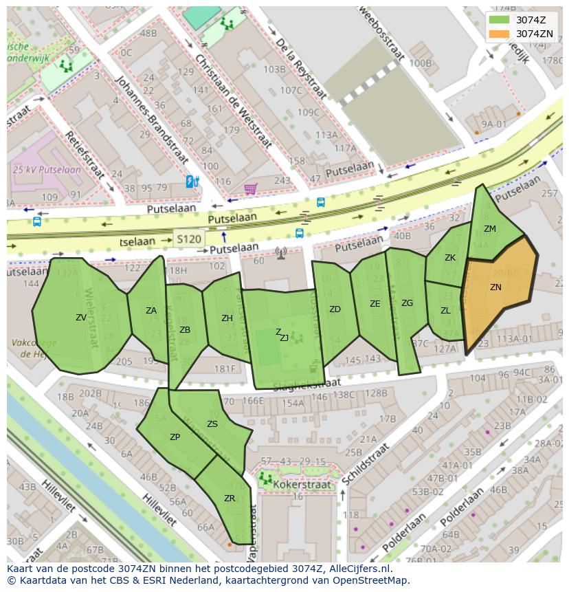 Afbeelding van het postcodegebied 3074 ZN op de kaart.
