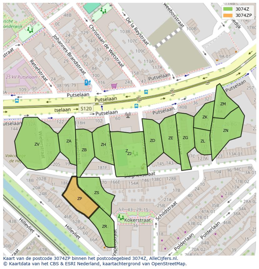 Afbeelding van het postcodegebied 3074 ZP op de kaart.