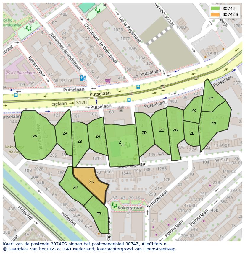 Afbeelding van het postcodegebied 3074 ZS op de kaart.