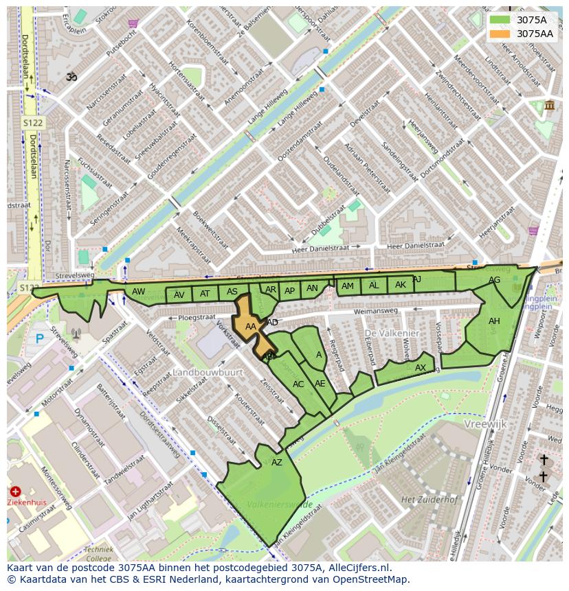 Afbeelding van het postcodegebied 3075 AA op de kaart.