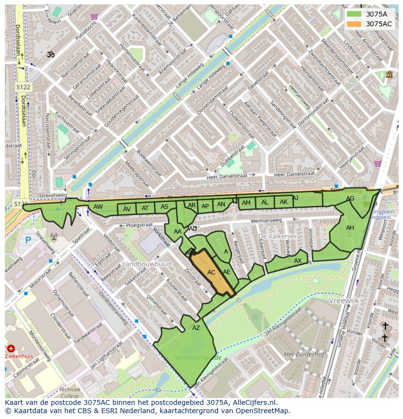 Afbeelding van het postcodegebied 3075 AC op de kaart.