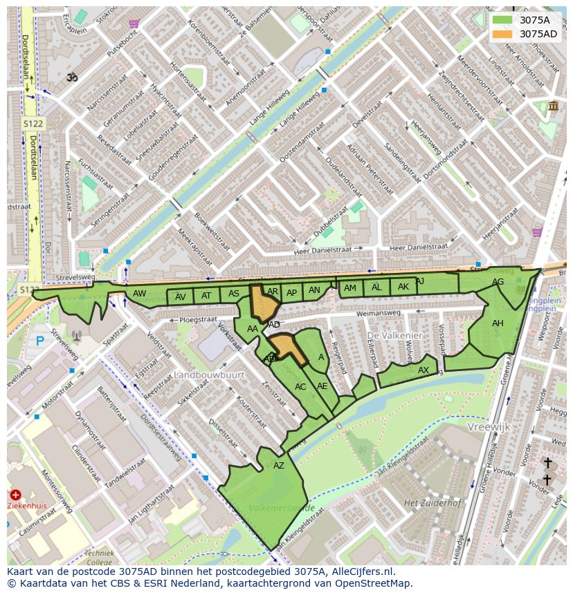 Afbeelding van het postcodegebied 3075 AD op de kaart.