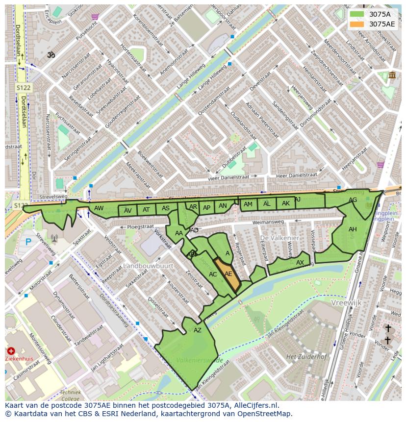 Afbeelding van het postcodegebied 3075 AE op de kaart.