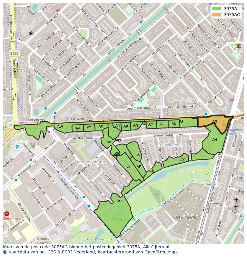 Afbeelding van het postcodegebied 3075 AG op de kaart.