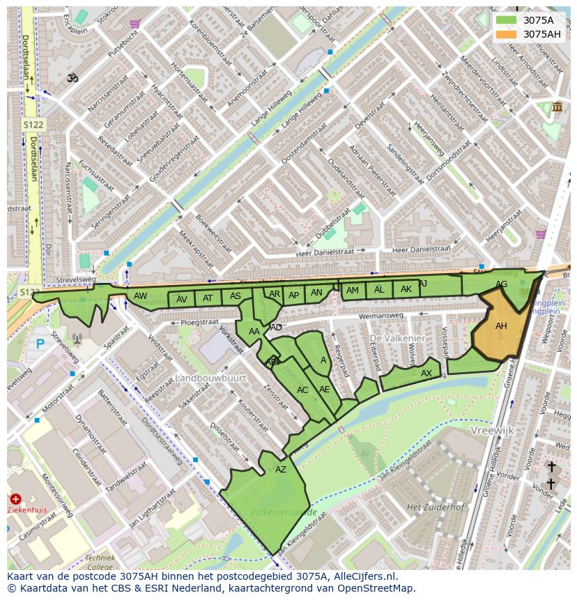 Afbeelding van het postcodegebied 3075 AH op de kaart.