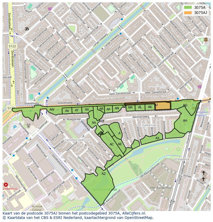 Afbeelding van het postcodegebied 3075 AJ op de kaart.