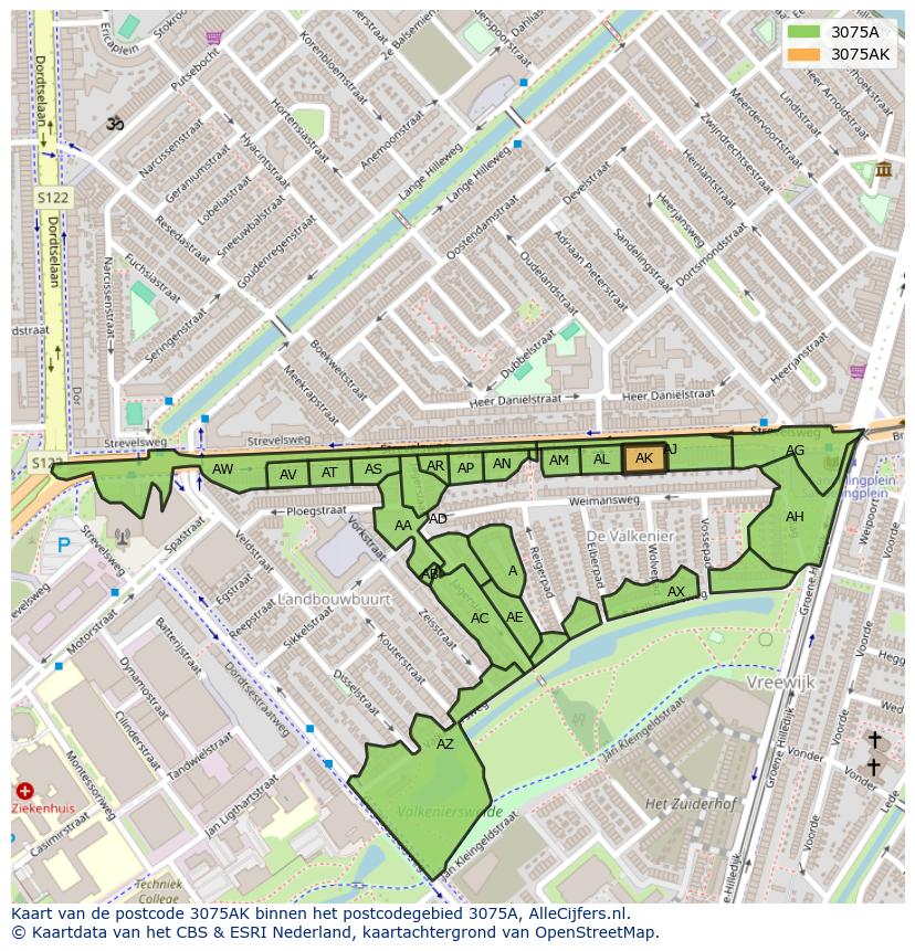 Afbeelding van het postcodegebied 3075 AK op de kaart.