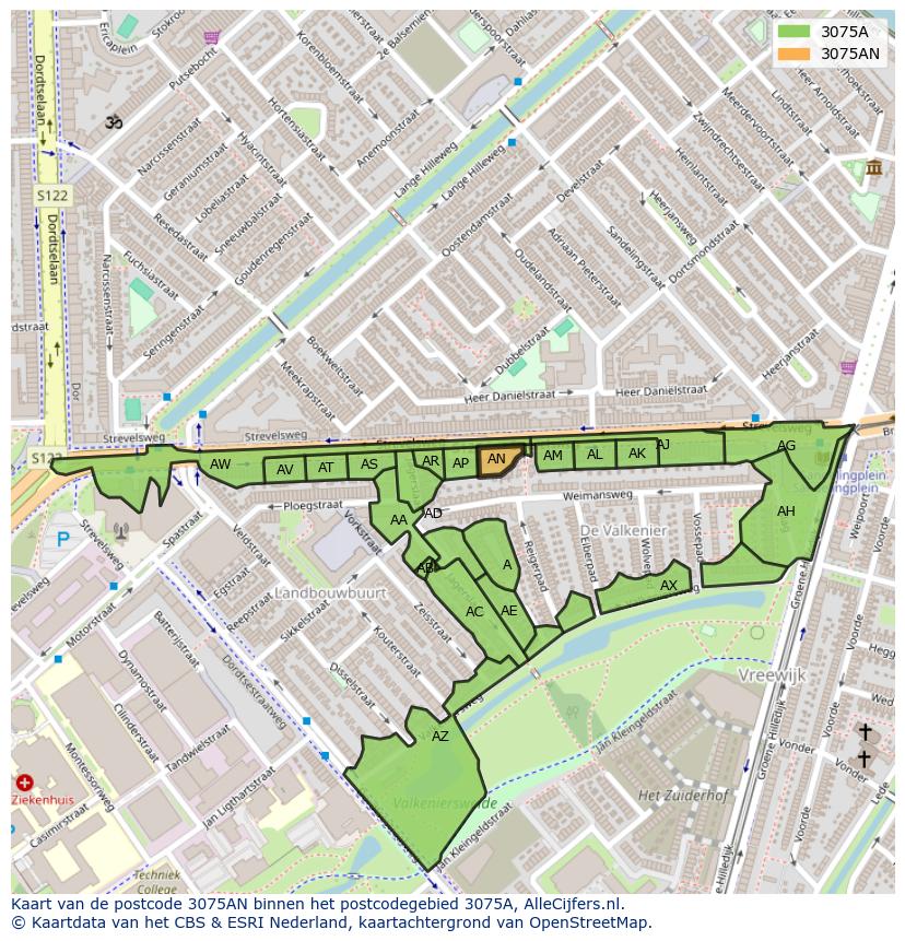 Afbeelding van het postcodegebied 3075 AN op de kaart.