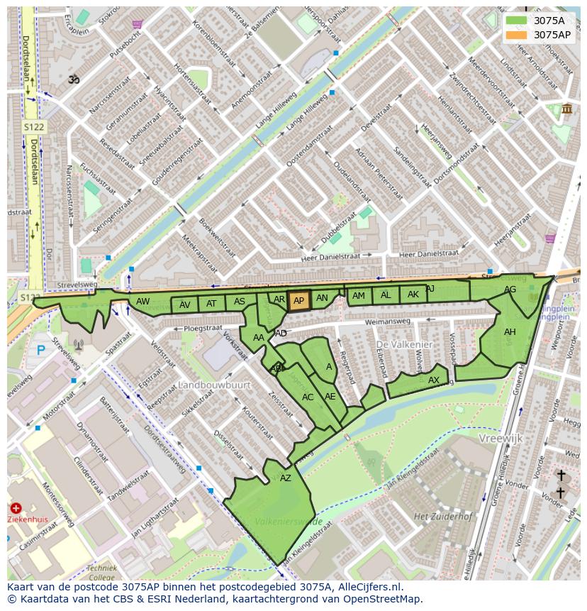 Afbeelding van het postcodegebied 3075 AP op de kaart.