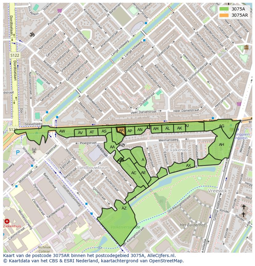 Afbeelding van het postcodegebied 3075 AR op de kaart.