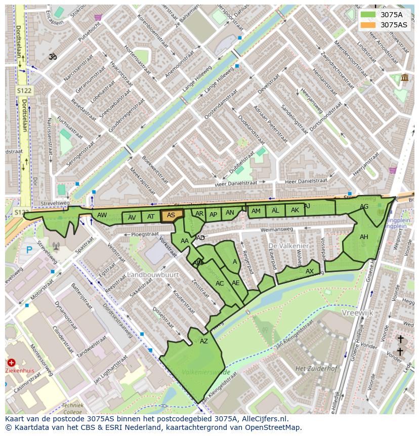 Afbeelding van het postcodegebied 3075 AS op de kaart.