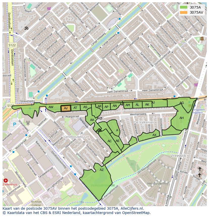 Afbeelding van het postcodegebied 3075 AV op de kaart.