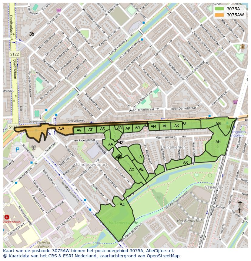 Afbeelding van het postcodegebied 3075 AW op de kaart.