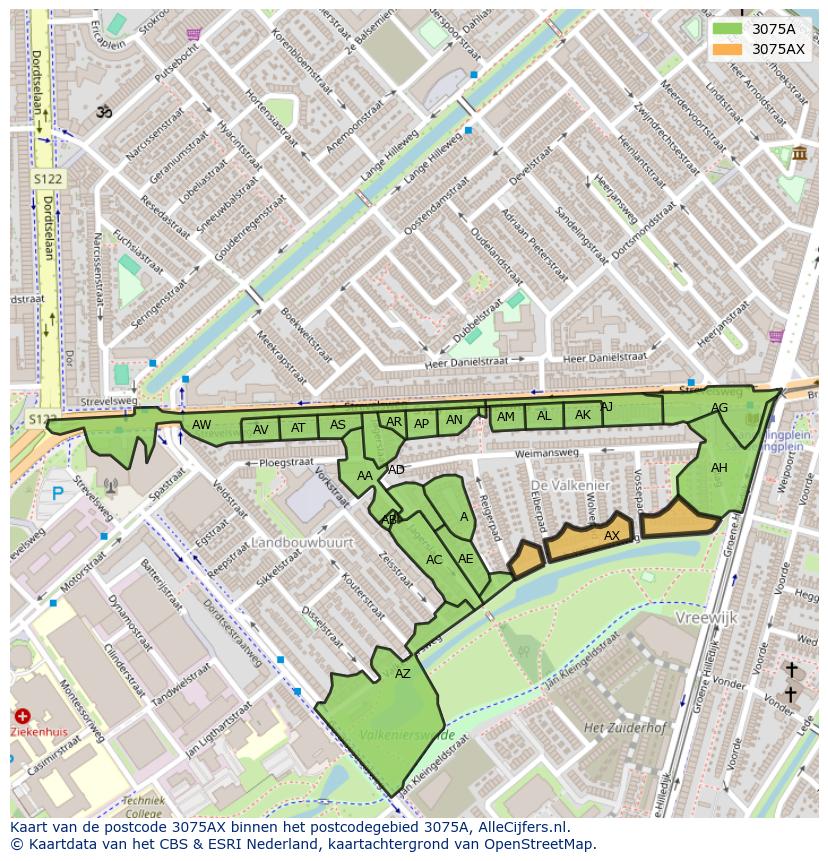 Afbeelding van het postcodegebied 3075 AX op de kaart.