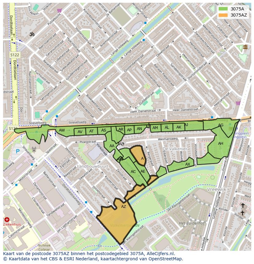 Afbeelding van het postcodegebied 3075 AZ op de kaart.