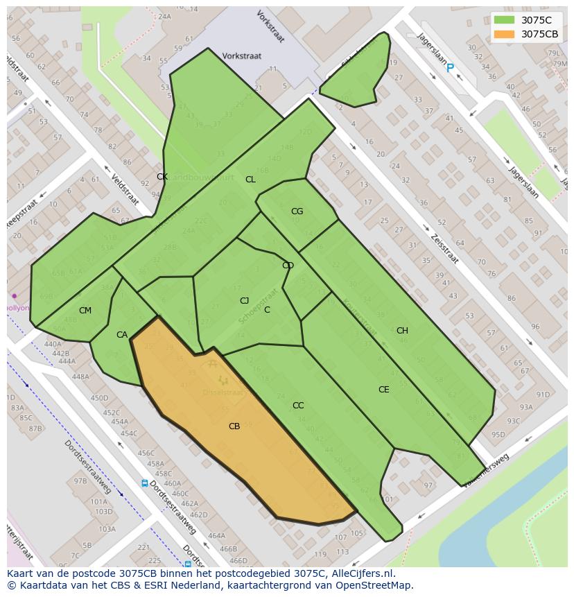 Afbeelding van het postcodegebied 3075 CB op de kaart.