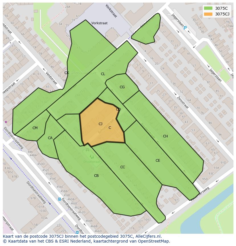 Afbeelding van het postcodegebied 3075 CJ op de kaart.