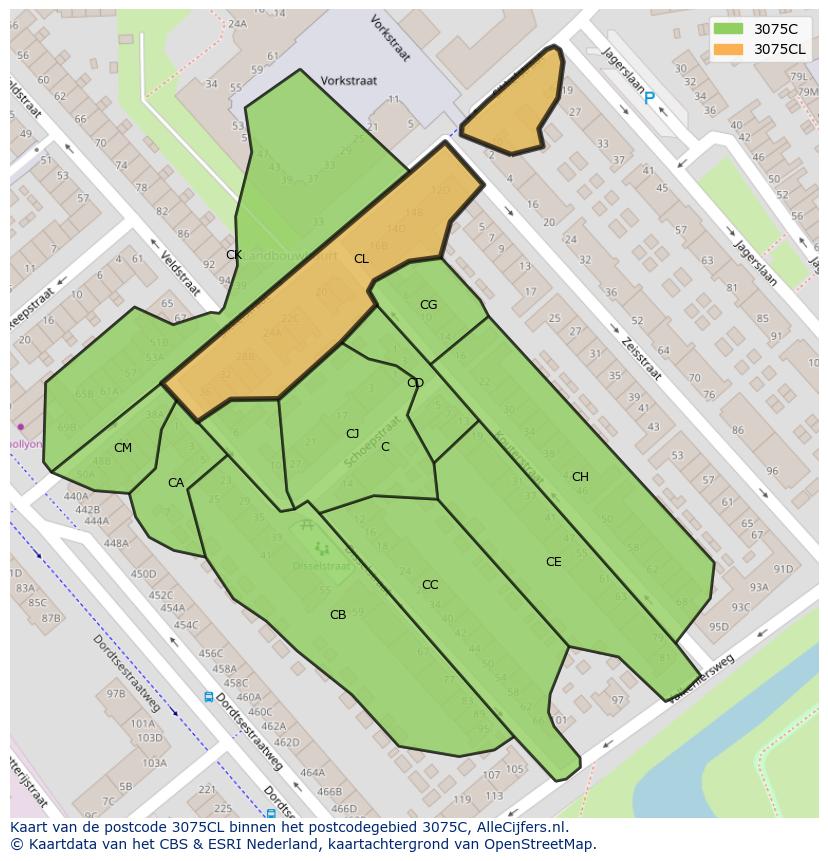 Afbeelding van het postcodegebied 3075 CL op de kaart.
