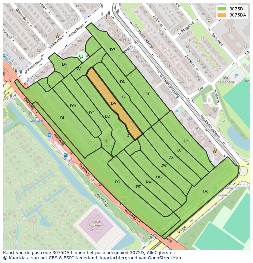 Afbeelding van het postcodegebied 3075 DA op de kaart.
