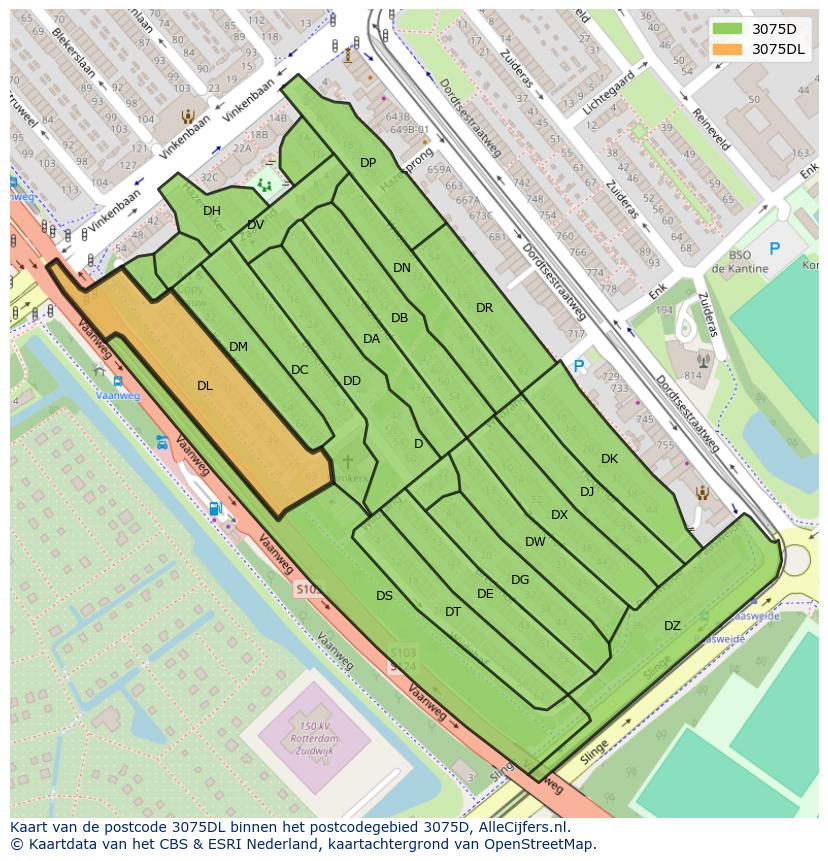 Afbeelding van het postcodegebied 3075 DL op de kaart.
