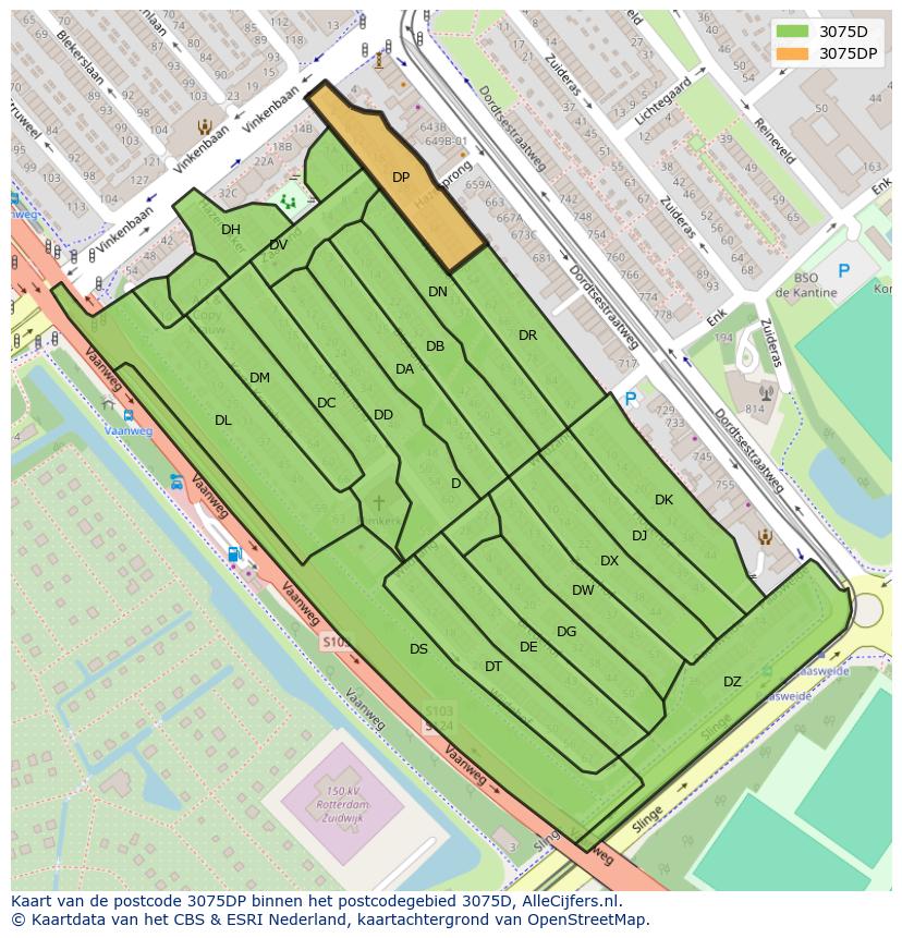 Afbeelding van het postcodegebied 3075 DP op de kaart.