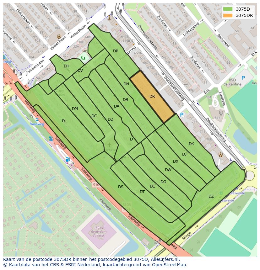 Afbeelding van het postcodegebied 3075 DR op de kaart.