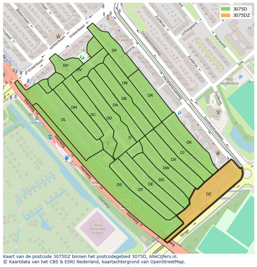 Afbeelding van het postcodegebied 3075 DZ op de kaart.